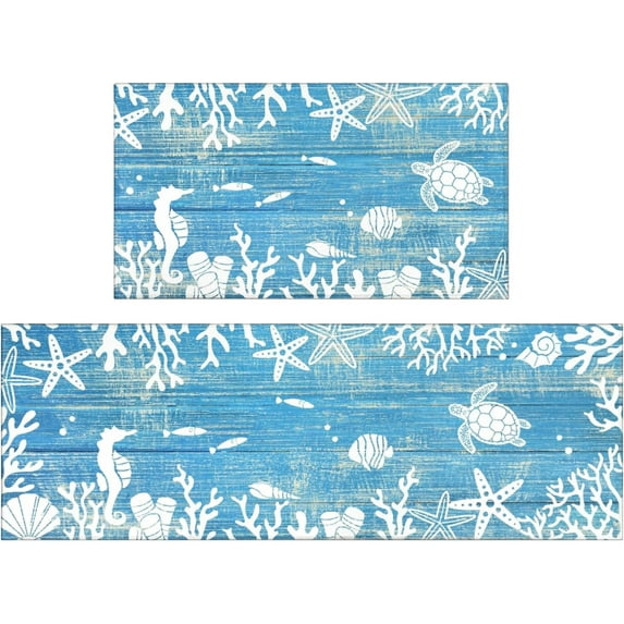 Coastal Kitchen Rugs and Mats Set of 2, Blue Ocean Beach Coastal Farmhouse Non-Skid Washable for Kitchen Floor Sink Mats Decor and Accessories 17"x30"+17"x47"
