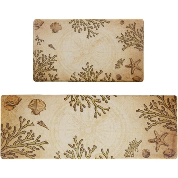 Coastal Kitchen Rugs Sets of 2, Coral Shells Kitchen Mats for Floor, Cushioned Anti Fatigue Mats for Kitchen Floor Mat, Kitchen Rugs Non Slip Washable 18'''' x 48'''' + 18'''' x 30''''