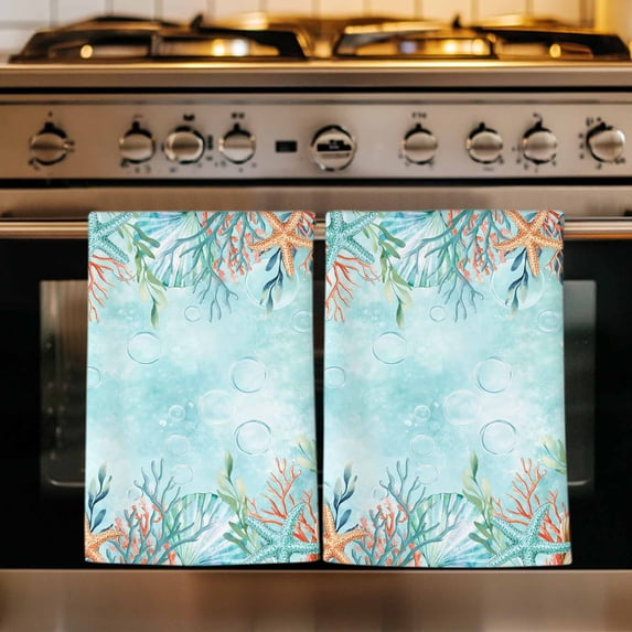 Coastal Kitchen Towels Set of 1, Summer Nautical Beach Coral Starfish Blue Ombre Absorbent Dish Towels for Kitchen, Microfiber Hand Towel, Quick Drying Tea Towel for Cleaning Decorative Dishcloths