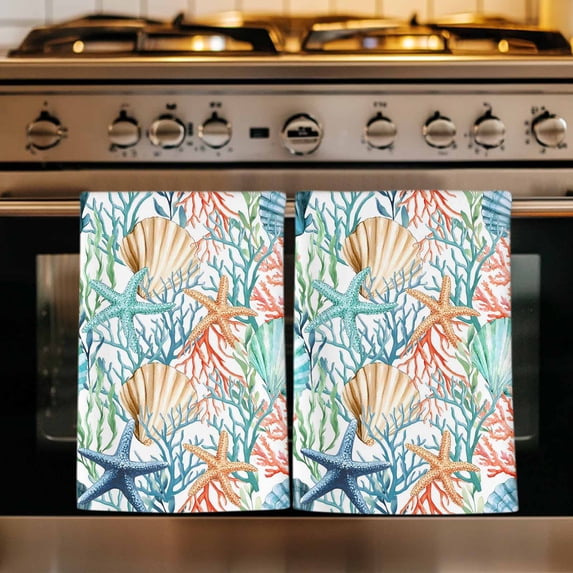 Coastal Kitchen Towels Set of 2, Nautical Summer Beach Coral Starfish Shell Absorbent Dish Towels for Kitchen, Microfiber Hand Towel, Quick Drying Tea Towel for Cleaning Decorative Dishcloths