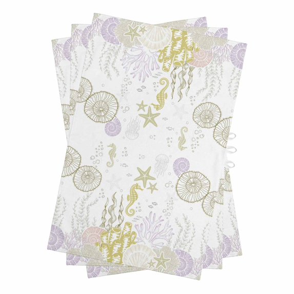 Coastal Kitchen Towels Set of 3, Water Absorbent Dish Towel, Yellow-green Ocean Coral Starfish Jellyfish Decorative Hand Towels - Quick Drying Cloth for Cooking Baking, 18x28 Inch