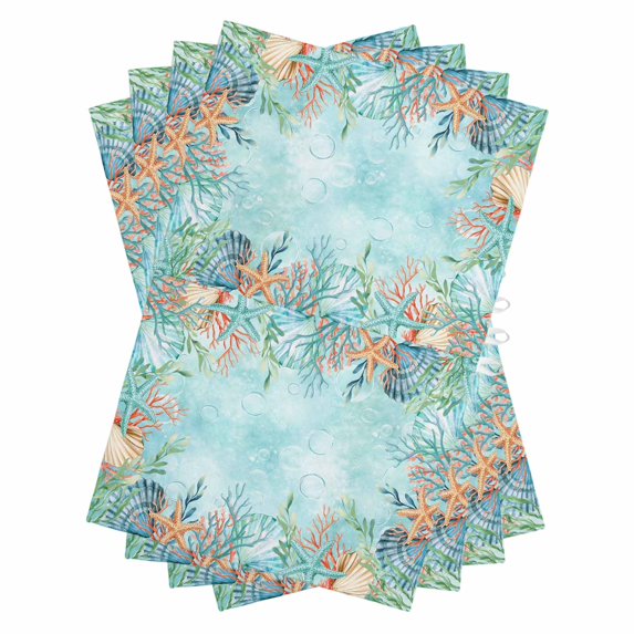 Coastal Kitchen Towels Set of 4, Water Absorbent Dish Towel, Summer Nautical Beach Coral Starfish Blue Ombre Decorative Hand Towels - Quick Drying Cloth for Cooking Baking, 18x28 Inch