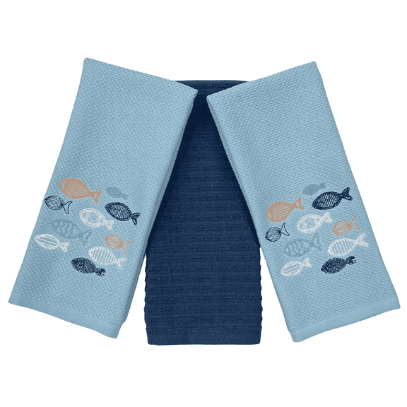 Serafina Home Coastal Kitchen Towels- Set of 3 Blue 100% Cotton Embroidered Whimsical School of Fish Design - 16 x 26 Multipurpose Towels for Everyday Use