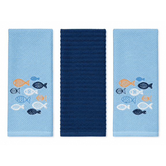 Serafina Home Coastal Kitchen Towels- Set of 3 Blue 100% Cotton Embroidered Whimsical School of Fish Design - 16 x 26 Multipurpose Towels for Everyday Use