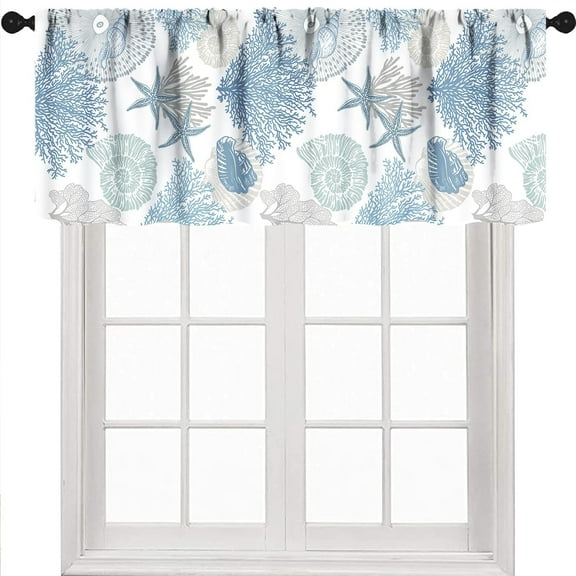 Coastal Kitchen Valance,Ocean Nautical Blue Coral Farmhouse Summer Beach Teal White Valance Curtains for Bedroom Living Bathroom Window 1 Piece,54x18 Inch