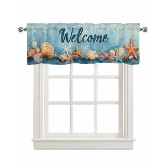 Coastal Kitchen Valances for Windows Farmhouse Linen Window Valance Curtain for Living Room Window Treatment Ocean Starfish Shell Watercolor Sea Valance Rod Pocket Topper Drape, 42 x 18 Inch