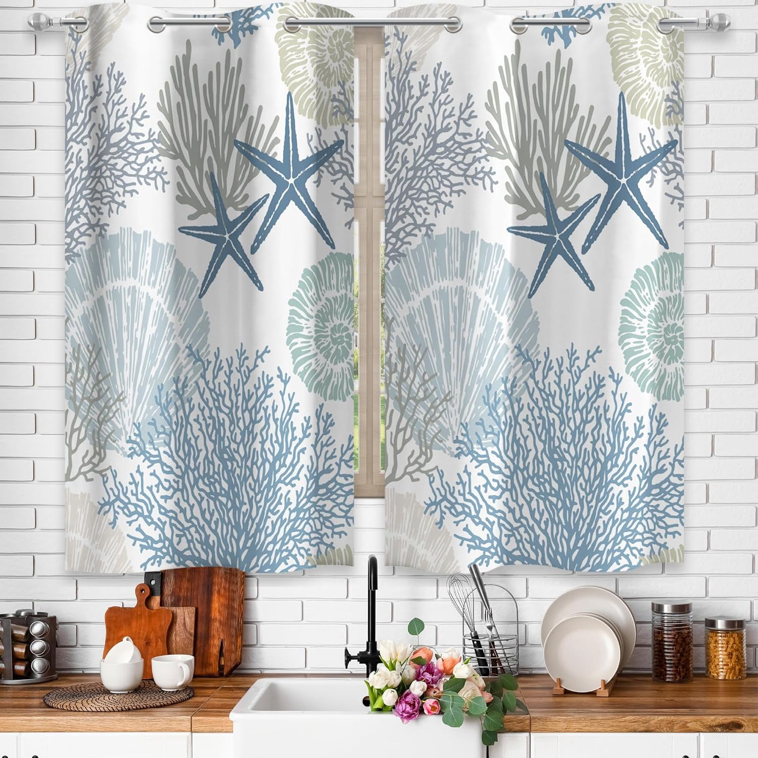 Curated visual reference: Visual Reference: Coastal Kitchen Window Curtains Grommet Drapes Nautical Beach Themed