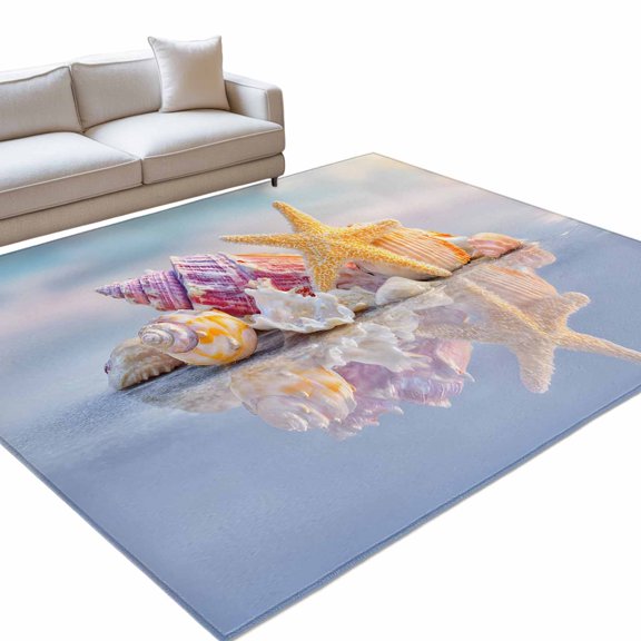 Coastal Landscape Area Rugs 3x5ft Summer Seascape Funny Starfish Conch Shadows Floor Rug Non Slip Low Pile Ultra Soft Throw Carpet for Entryway Indoor Entrance Kitchen Bathroom