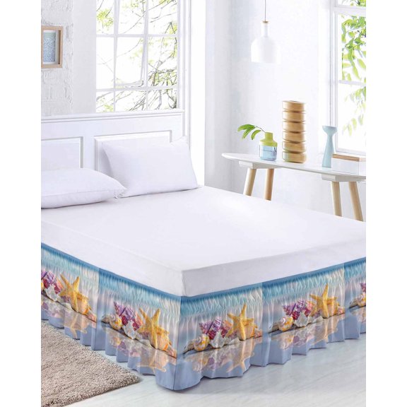 Coastal Landscape Bed Skirt Queen Size 16 Inch Drop, Summer Seascape Funny Starfish Conch Shadows Adjustable Elastic Dust Ruffles Bedskirt for Queen Bed Wrap Around Pleated Mattress Frame Cover