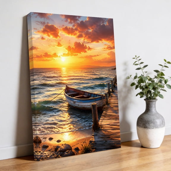Coastal Landscape Canvas Wall Art, Nautical Beach Ocean Sunset Wooden Dock Boat Pictures Wall Decor Wooden Framed Artwork Art Prints for Living Room Hallway Bedroom Office 8"x10"