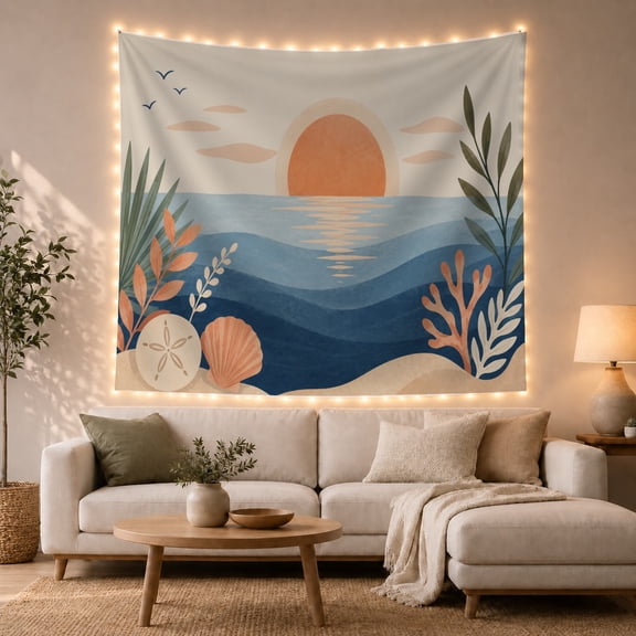 Coastal Landscape with Orange Sun and Blue Sea Serene Illustration for Beach Lovers, Coastal Wall Art Decor, Housewarming Gift, Tapestry Wall Hanging for Bedroom and Living Room