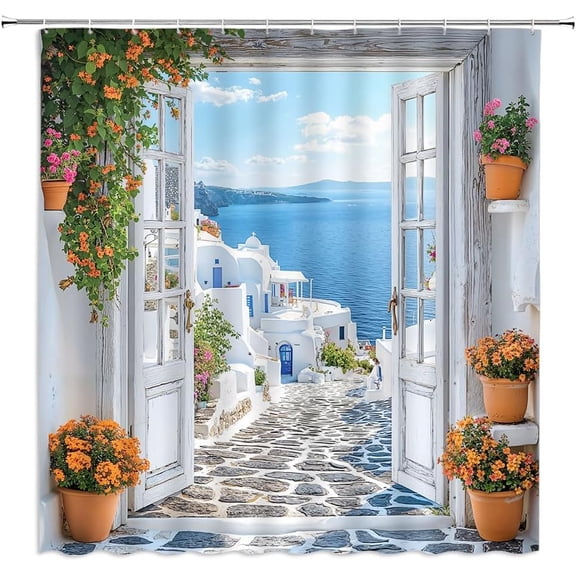 Coastal Landscape Shower Curtain Ocean Beach Italian Mediterranean White Architecture City Town Street Wooden Window Door Polyester Fabric Bathroom Curtain Sets Hooks-36"W x 72"L (Pack of 1)