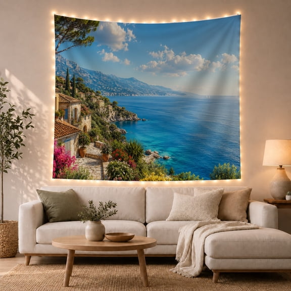 Coastal Landscape on a Verdant Hillside, Serene Coastal for Nature Enthusiasts, Mediterranean Wall Art, Housewarming Gift Tapestry Wall Hanging for Living Room and Bedroom