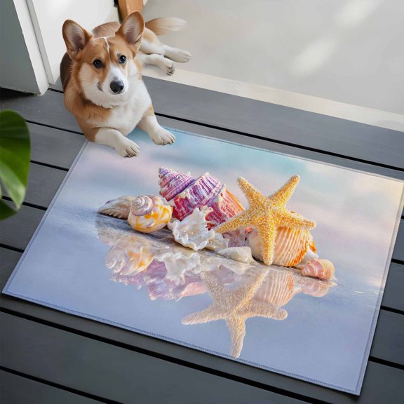 Coastal Landscape Washable Entry Rug 2x3 Summer Seascape Funny Starfish Conch Shadows Low Pile Indoor Door Mat with Rubber Backing Thin Area Rug for for Entrance, Bedroom, Kitchen, Laundry, Bathroom