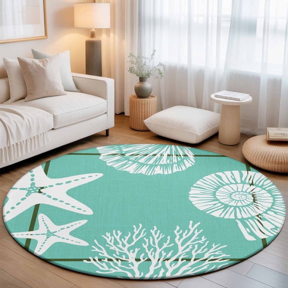 Coastal Large Round Rug 7Ft Starfish Shell Coral Rustic Turquoise Circle Area Rugs Washable Non Slip Indoor Floor Mats Carpet for Living Room Bedroom Dining Room Home Decor