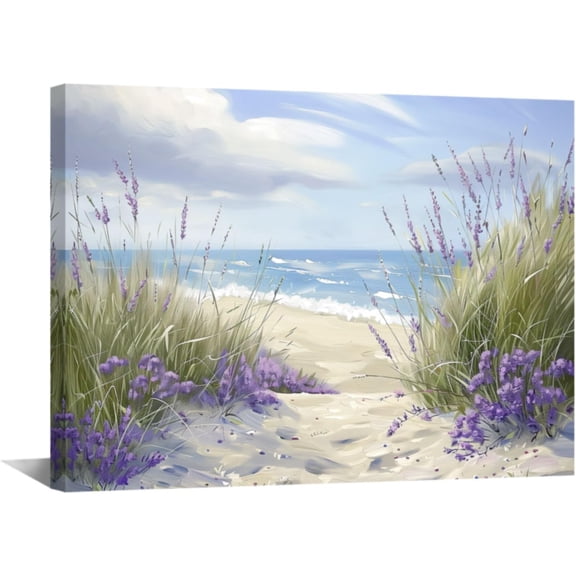 Coastal Lavender Wall Art Purple Lavender Flowers Pictures Sunset Floral Canvas Prints Seascape Beach Theme Paintings for Bathroom Decor Frame
