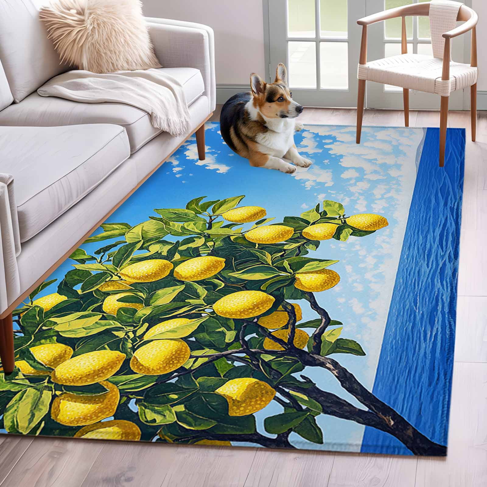 Coastal Lemon Area Rug 3x5 Washable Rug Non Slip Summer Ocean Waves ...