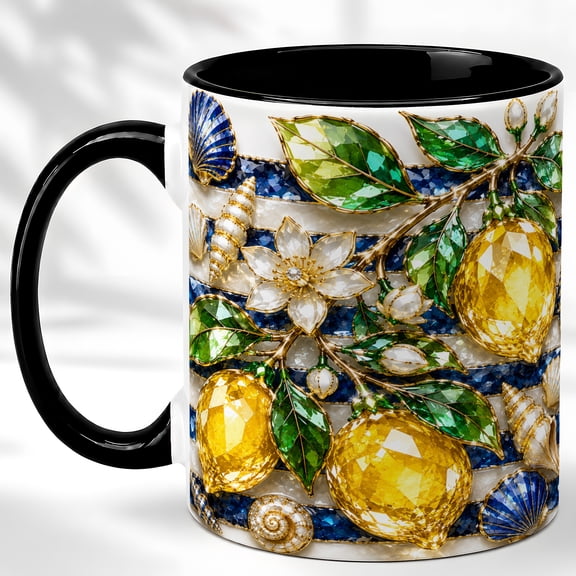Coastal Lemon Coffee Mug, Citrus Seashell Mug, Ceramic 11 oz