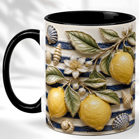 Coastal Lemon Coffee Mug, Citrus Seashell Mug, Ceramic 11 oz