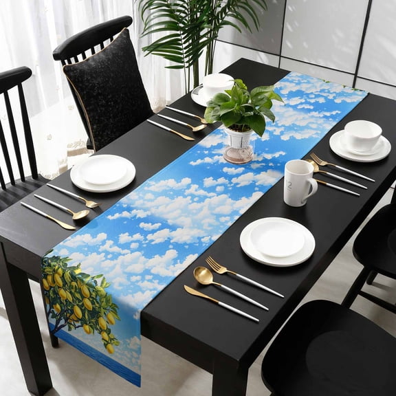 Coastal Lemon Cotton Linen Small Table Runner 13 x 48 inch Summer Ocean Sea Yellow Fruits Leaf Tree Non-slip Rectangular Dining Table Decor for Wedding Party Holiday Dinner