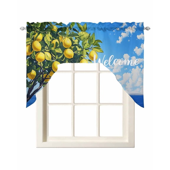 Coastal Lemon Kitchen Curtains Swag Valance for Windows/Bathroom/Cafe, Summer Ocean Sea Yellow Fruits Leaf Tree Rod Pocket Drape Panel Swag Curtain Valance for Bedroom/Living Room 55''x36''