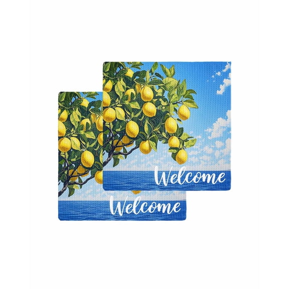 Coastal Lemon Kitchen Dish Towels for Drying Dishes Set of 2, Summer Ocean Sea Yellow Fruits Leaf Tree Waffle Weave Microfiber Terry Hand Tea Bathroom Towels Quick Dry & Absorbent Towel 12x12