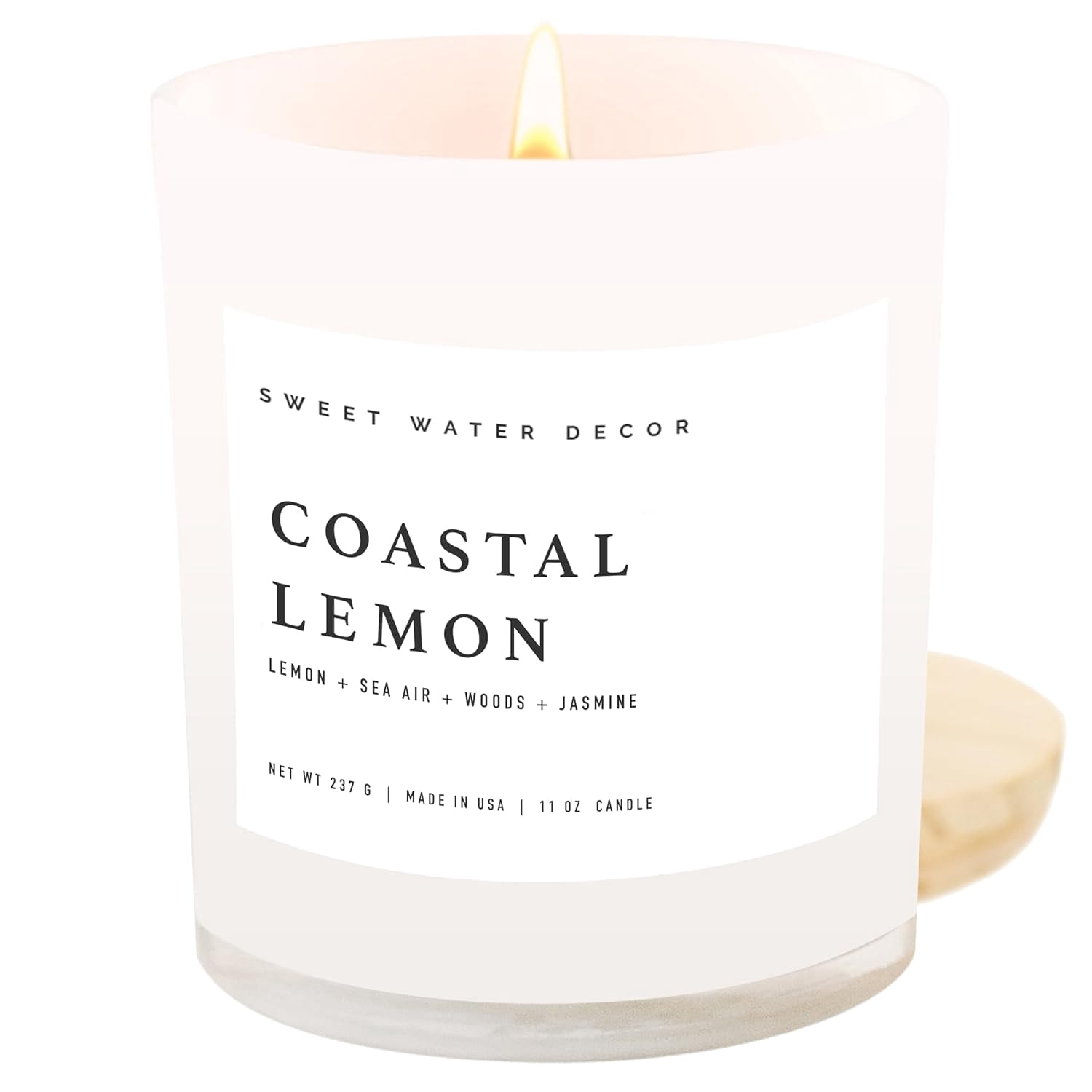 Coastal Lemon Scented Candles - Soy Candles with Lemon, Sea Salt, & Driftwood for Home Decor - Candle Wax with 50 Hours Burn Time - 11Oz Wood Lid White Jar Candles for Home Scented