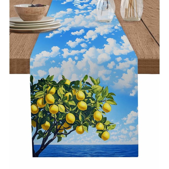 Coastal Lemon Table Runner Cotton Linen 36 Inch Holiday Dresser Scarves, Summer Ocean Sea Yellow Fruits Leaf Tree Tablerunner for Kitchen Coffee Dining Bedroom Dinner Scarf Décor 13''x36''
