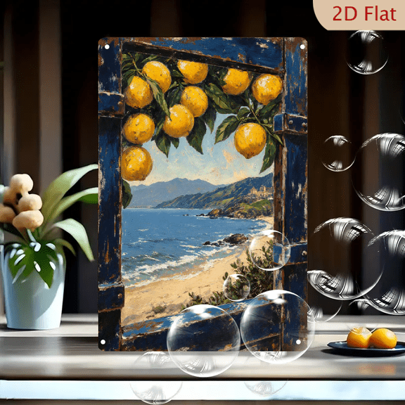Coastal Lemon View Through Rustic Blue Window 8x12 Metal Wall Art, Mediterranean Seaside Landscape with Sandy Beach and Hills, Vintage Farmhouse Decor for Living Room Kitchen