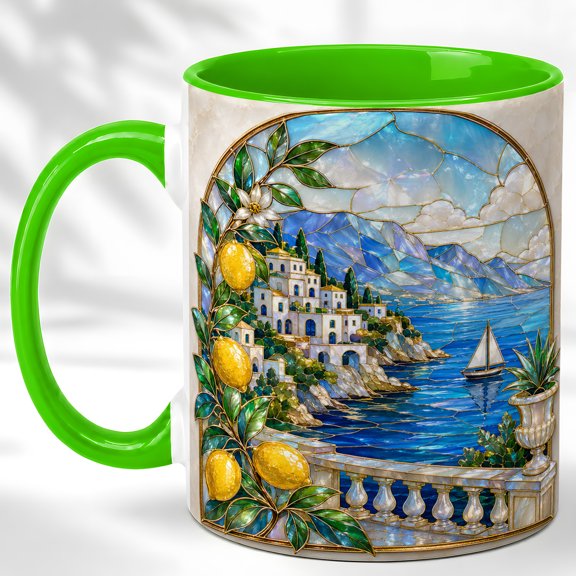 Coastal Lemon Village Coffee Mug, Seaside Landscape Mug, Ceramic 11 oz