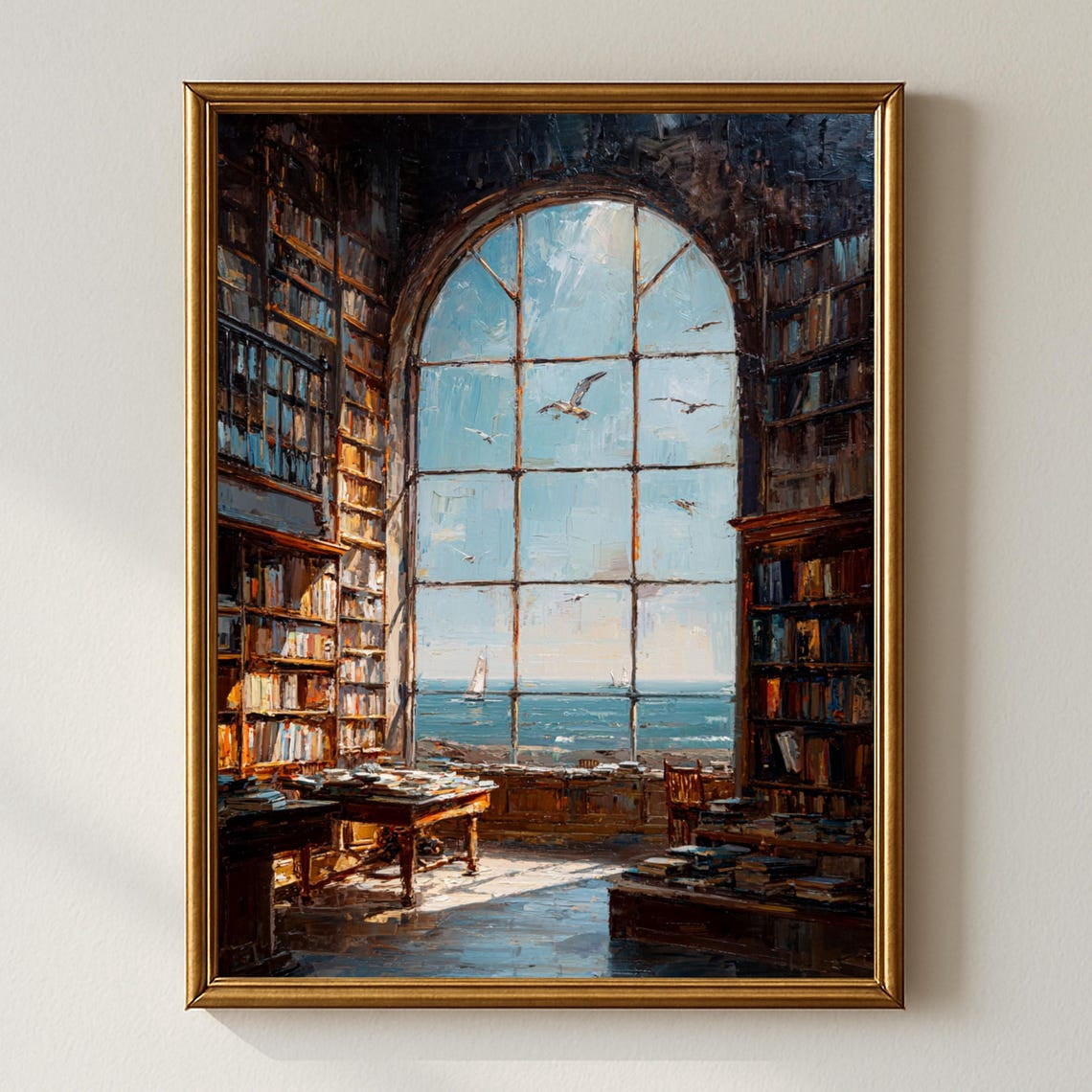 Coastal Library Seaside Wall Art Print, Unframed Paper Poster 16x20in