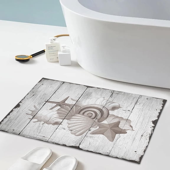 Coastal Life Bath Rug Fluffy Soft Bathroom Mats,Absorbent Non-Slip Shaggy Carpet Summer Ocean Starfish Conch Doormat for Kitchen/Bedroom/Living Room Entrance Way Decor Retro Wood Plank 16X24Inch