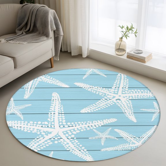 Coastal Light Blue Starfish 3' Round Rug for Bathroom Accent Bedside Corner, Nautical Ocean Summer Minimalist Wood Grain Washable Non Slip Circle Area Rug for Small Spaces
