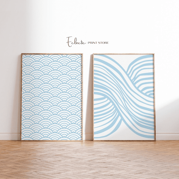 Coastal Light Blue Waves Nautical Beach House Poster Set 2 Prints Set 2 , Poster Only