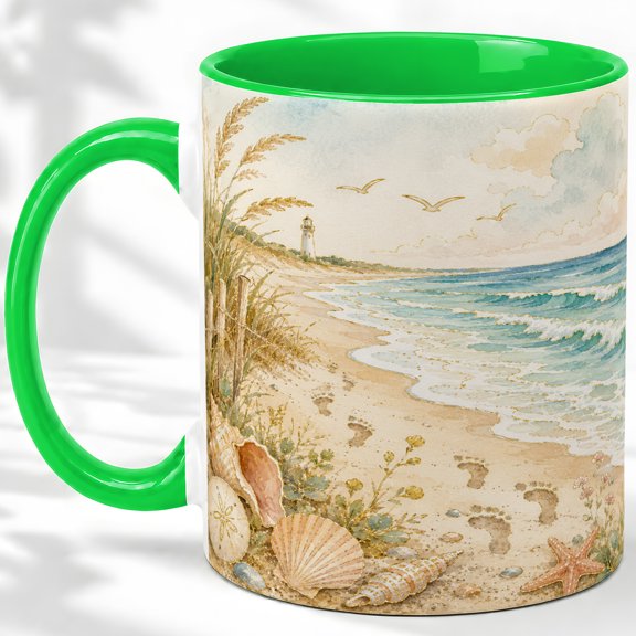 Coastal Lighthouse Accent Mug, 11oz Ceramic Coffee Cup for Beach Lovers