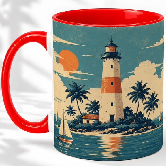 Coastal Lighthouse Accent Mug, 11oz Ceramic Coffee Cup for Ocean Lovers