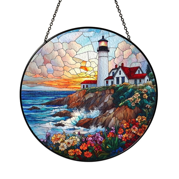 Coastal Lighthouse Acrylic Glass Suncatcher Window Decor, Stained Glass Style Hanging Art