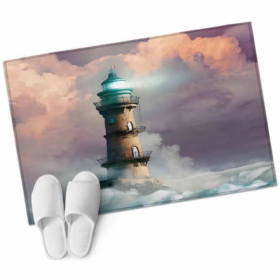 Coastal Lighthouse Bathroom Rug Washable 2x3 Entryway Rug Non Slip Fancy Cloud Ocean Waves Summer Front Door Mat Low Pile Indoor Doormat Throw Floor Carpet for Kitchen Bedroom Entrance