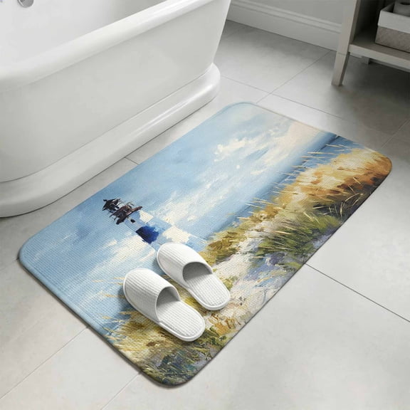 Coastal Lighthouse Bathroom Rugs Non Slip Washable Bath Mat Absorbent Front Door Mat Summer Ocean Oil Painting Sky Blue Indoor Doormat for Kitchen Entryway Shower Decor Accessories 15.7"x23.6"