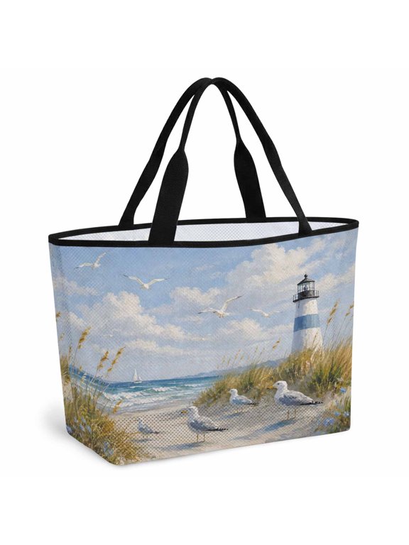 Coastal Lighthouse Beach Bag for Women, Large Breathable Mesh Beach Tote Bag, Nautical Seagulls Beach Country Sandproof Lightweight Travel Bags for Vacation Picnic Swimming Pool 15.7"x15.7"x9.1"