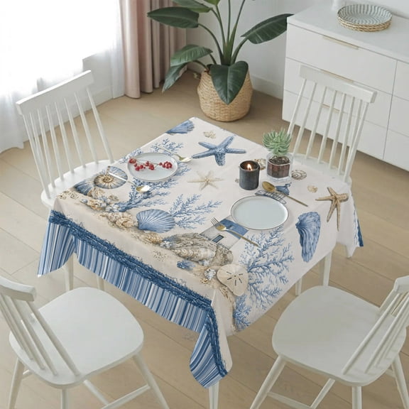 Coastal Lighthouse Blue Stripe Table Cloth 54x54in, Waterproof Square Tablecloth Wipeable Tablecloths Ocean Starfish Shell Conch Coral Table Covers for Dining Tables Party Indoor Outdoor