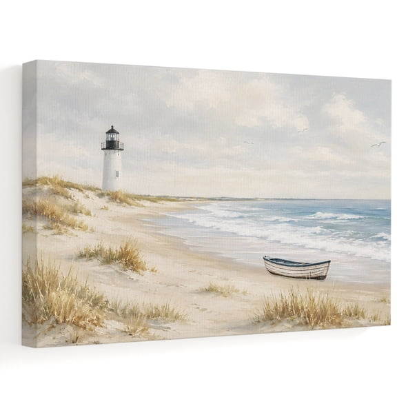 Coastal Lighthouse Canvas Wall Art 32" x 24" Natural Sand Beach Shoreline Ocean Waves Frame Picture Prints, Ready to Hang Waterproof Artwork Decor for Living Room, Above Fireplace, Bedroom