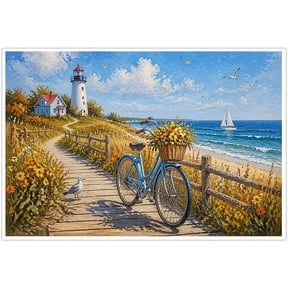 Coastal Lighthouse Canvas Wall Art, Scenic Beach Landscape Print, Blue Bicycle & Wildflower Decor for Living Room Bedroom Home