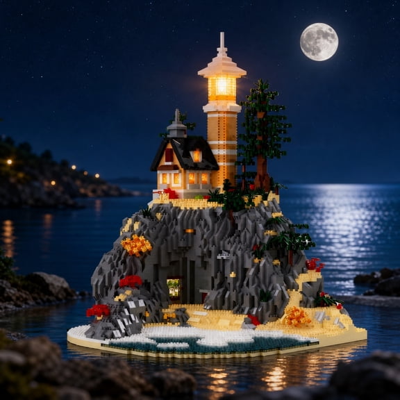 Coastal Lighthouse Castle Micro Building Blocks for Adults, Architecture Tower Model Kit with Island Cave Scene, Large Decorative Display for Home Office Decor and Holiday Gift