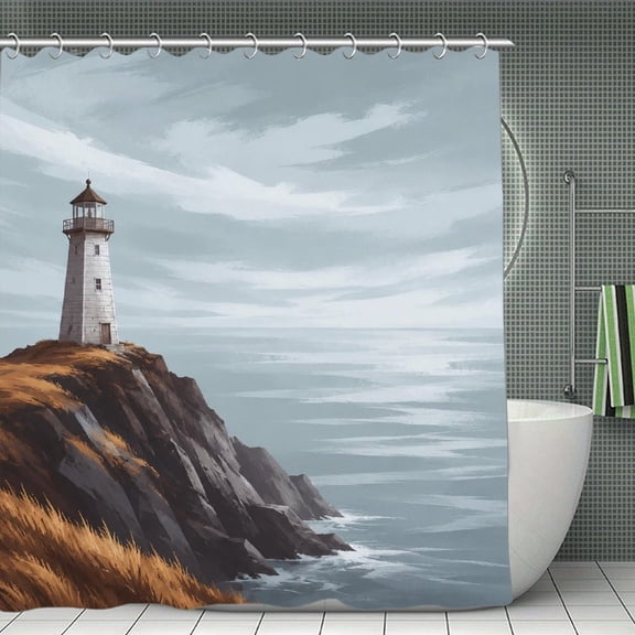Coastal Lighthouse Cliff Print Shower Curtain,Cloth Fabric Waterproof Polyester Bathroom Home Decor Set with Hooks 70.8×70.8Inch