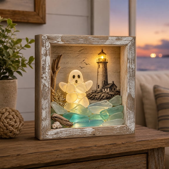 Coastal Lighthouse Ghost Sea Glass Frame Decoration, Charming Light Up Shadow Box For Beach House, Whimsical Ocean Art For Shelf And Wall