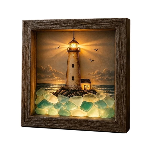 Coastal Lighthouse Glass Shadow Box Night Light Beach Glass Frame Wall Decor with Warm LED, Nautical Lighthouse Lamp for Bedrooms Living Rooms Reading Corners, Ocean-Inspired