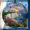 thumbnail image 1 of Coastal Lighthouse Glass Suncatcher, Ocean Cliff Sunset Window Hanging, 3.5 in, 1 of 3