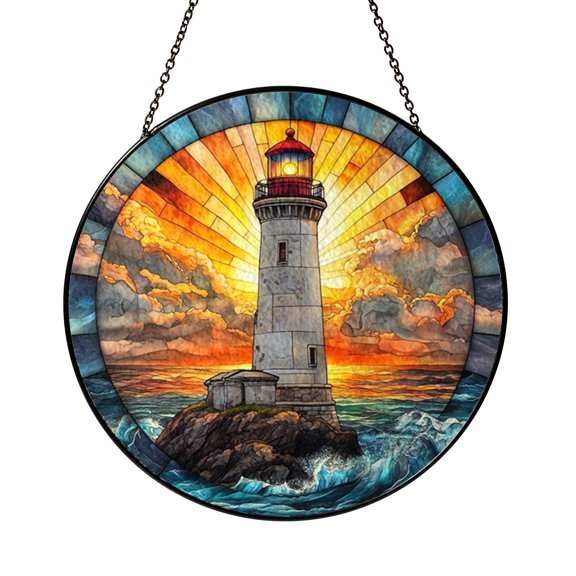 Coastal Lighthouse Glass Suncatcher, Stained Ocean Wave Landscape, Seaside Inspired Window Art Panel