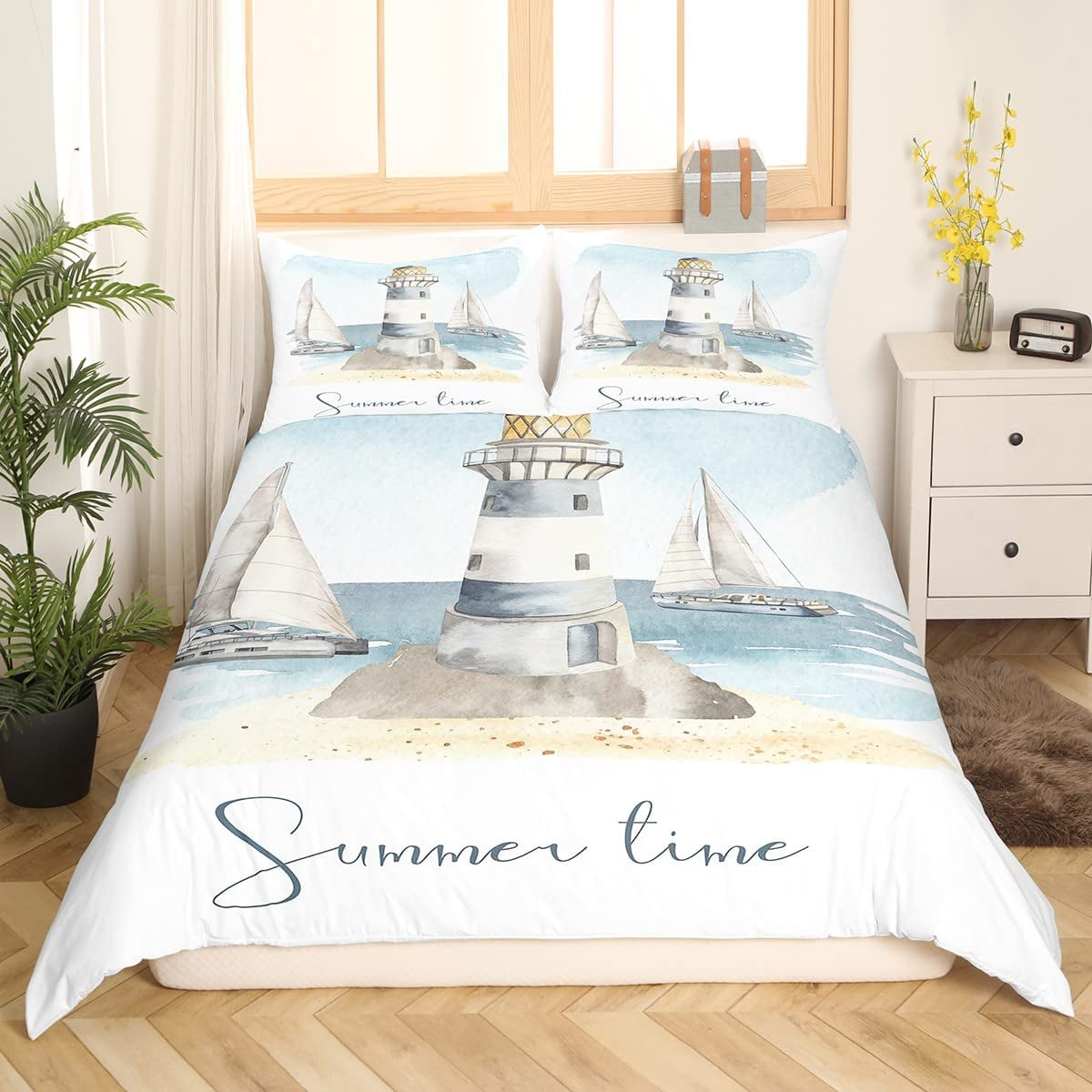 Coastal Lighthouse King Full Duvet Cover Ocean Nautical Bedding Set Observation Tower Quilt